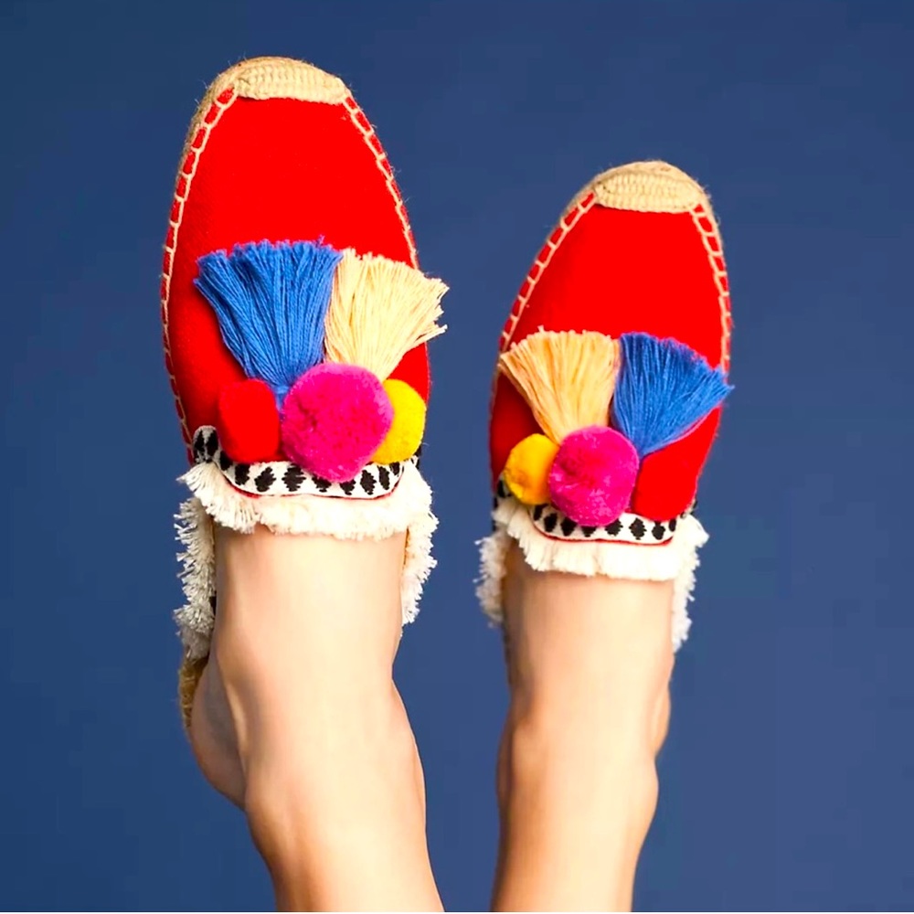 Soludos pom med espadrille slide’s fringed edge’s Pom Pom and tassel bright fun